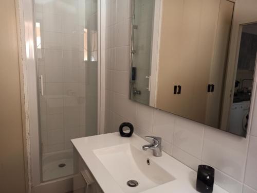 une salle de bain avec un lavabo, un miroir et une douche dans l'établissement Résidence Sable 4 appartement 5 pers 100 m de la plage, à Leucate