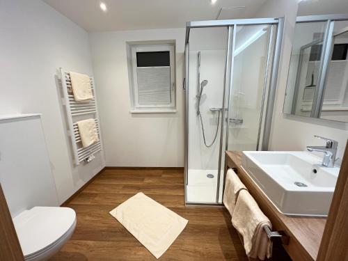 a bathroom with a shower and a sink and a toilet at Mittersteghof, in Filzmoos