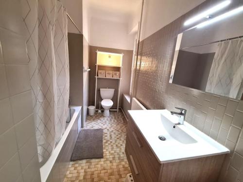 une salle de bain avec un lavabo, des toilettes et un miroir dans l'établissement Appartement Coeur de Cité Vauban Briançon 51m2, à Briançon