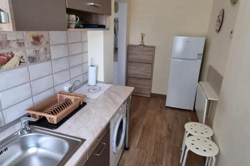 una piccola cucina con lavello e frigorifero di Studio Sat Vacanta Free parking a Constanţa