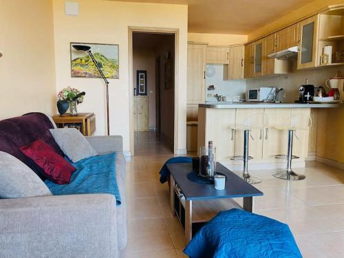un salon avec un canapé et une table dans l'établissement Pieds dans l eau, à Grosseto-Prugna