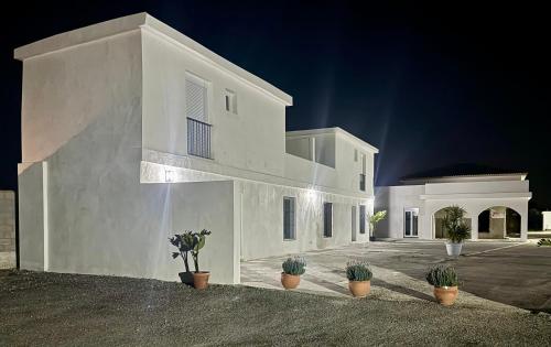 una casa blanca con macetas delante de ella en Apartamentos Muñoz Fornell 2, en Chiclana de la Frontera