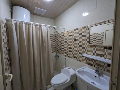 a bathroom with a toilet and a sink at Wadha Luxury Apartment in Al Khobar