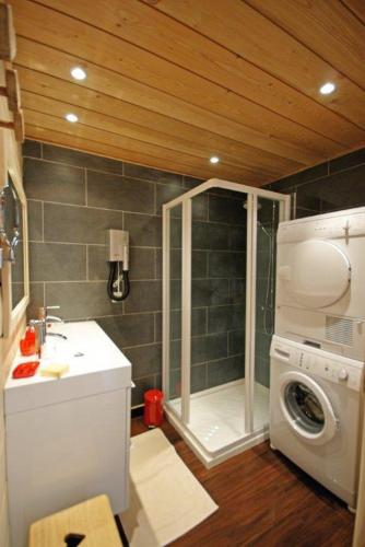 une salle de bain avec douche et machine à laver dans l'établissement Joli T2, à Barcelonnette