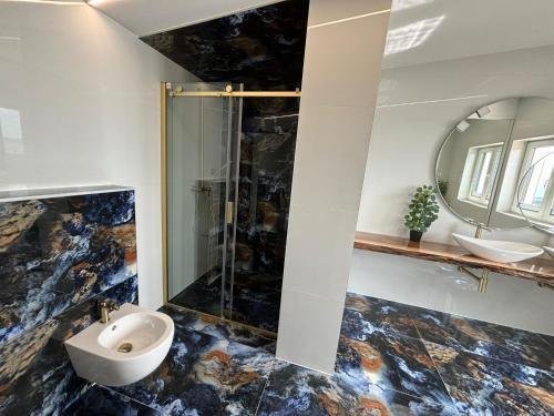 a bathroom with a shower and a toilet and a sink at Apartmani Podoreški in Vir