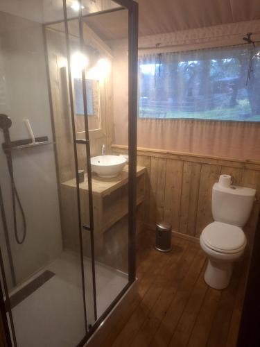 une salle de bain avec toilettes et lavabo dans l'établissement Le Lodge du Domaine Saint Martin, à Flassans-sur-Issole