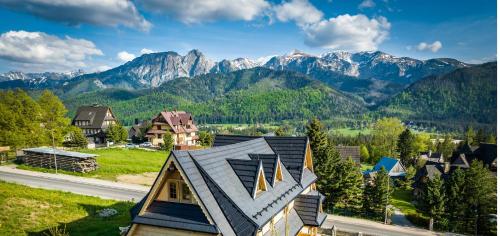 an aerial view of a village with mountains in the background at Panorama Premium in Kościelisko