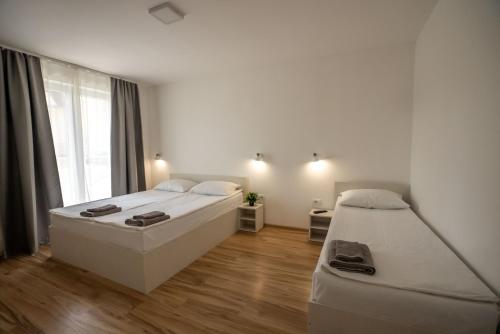 ein Schlafzimmer mit zwei Betten und einem großen Fenster in der Unterkunft Milutinn-Visterija in Sokobanja