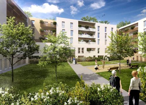 une séance d'ouverture de la cour d'un bâtiment dans l'établissement Domitys Les Pierres Dorées, à Gleizé