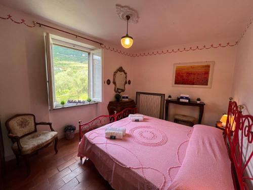 a bedroom with a pink bed and a window at Rosa Selvatica by Holiday World in Marliana