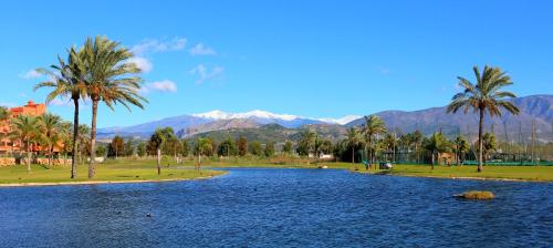 a river with palm trees and mountains in the background at Impressive Playa Granada Golf in Motril