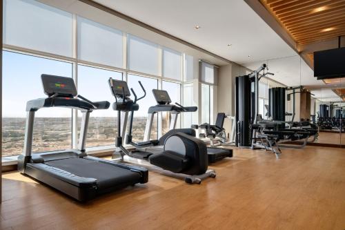 a gym with treadmills and ellipticals in a room with windows at Ramada by Wyndham Riyadh King Fahd Road in Riyadh