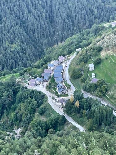 an aerial view of a village on a hill with a road at BOJ Casas de Montaña in Bielsa