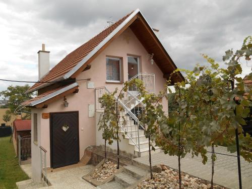 a small pink house with a black door and stairs at Ubytování u rybníka Bořetice in Bořetice