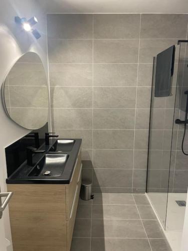 une salle de bain avec un lavabo, un miroir et une douche dans l'établissement Juan F3 100 m des plages, à Antibes