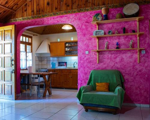 パラリア・スコティニスにあるZeusplace Skotina Country Houseのピンクの壁と緑の椅子のあるキッチン