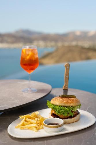 a sandwich and french fries on a table with a drink at Virtu on the Hill in Stelida