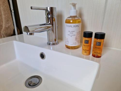 - un lavabo dans la salle de bains avec 2 bouteilles d'eau dans l'établissement la Maison des Voyageurs, à Tréflez