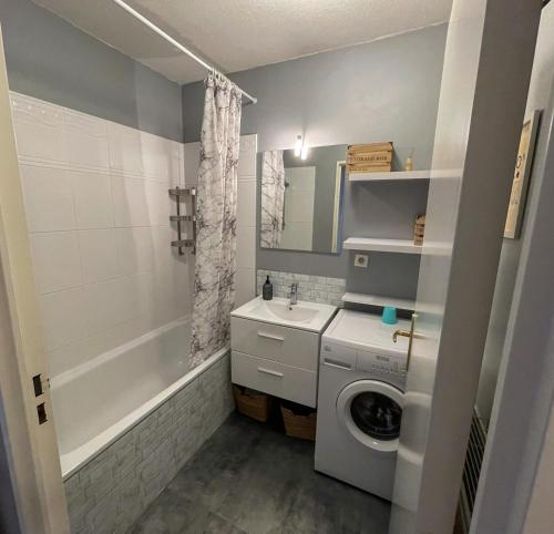 une salle de bain avec un lavabo et une machine à laver dans l'établissement Charmant Appart Neudorf + garage, à Strasbourg