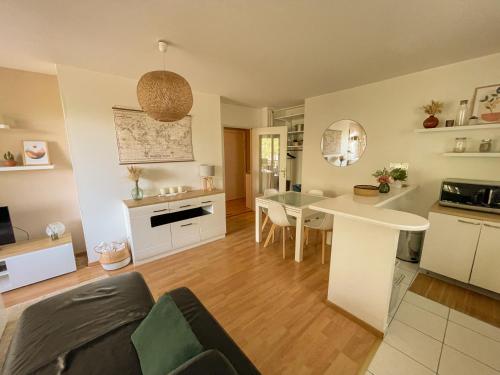 un salon avec une cuisine et une salle à manger dans l'établissement Charmant Appart Neudorf + garage, à Strasbourg