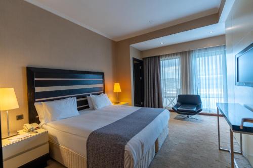 a hotel room with a bed and a desk and a chair at Sundance Hotel Istanbul in Istanbul