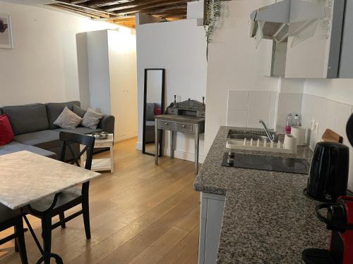 une cuisine et un salon avec un canapé et une table dans l'établissement Opera Royal House, à Paris
