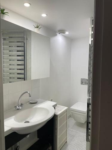 une salle de bain blanche avec un lavabo et des toilettes dans l'établissement Opera Royal House, à Paris