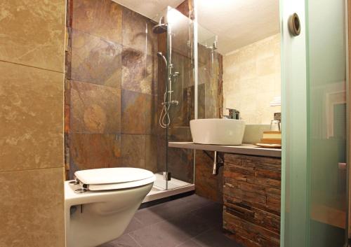 a bathroom with a toilet and a shower and a sink at Alp Art Hotel Götzens in Innsbruck