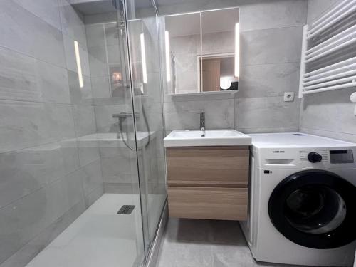 une salle de bain avec une machine à laver et un lavabo dans l'établissement Evasion sur Vannes avec terrasse et jardinet, à Vannes