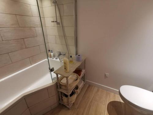 une salle de bain avec une douche, un lavabo et une baignoire dans l'établissement Saint-Jean de Luz, centre historique, apt 4 pièces - 6 couchages, à Sainte-Barbe