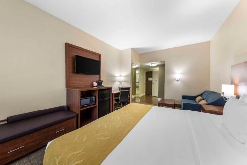 a large hotel room with a bed and a tv at Comfort Suites in Tulare