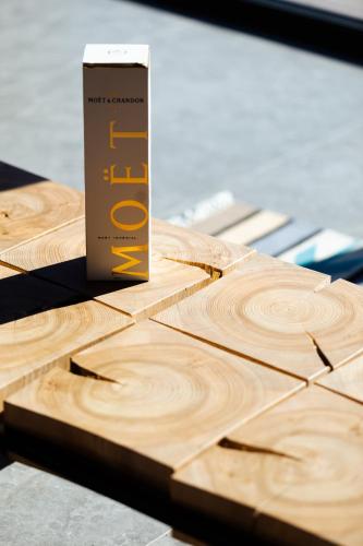 a box sitting on top of wooden cutting boards at Krasnyk Resort in Krasnik