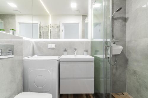ソポトにあるSzary & Zielony by Grand Apartmentsのトイレ、洗面台、シャワー付きのバスルーム