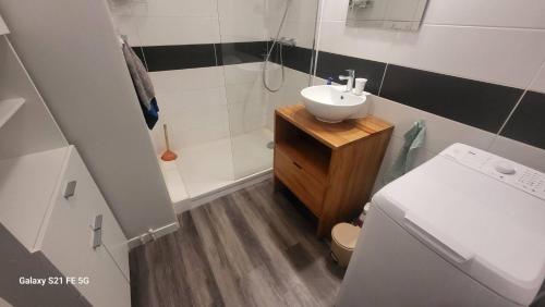 une petite salle de bain avec un lavabo et des toilettes dans l'établissement Saint-Jean de Luz, Centre Ville Appt 4 personnes, 3 étoiles, à Sainte-Barbe