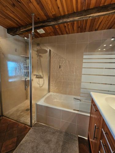 a bathroom with a shower and a bath tub at Grande maison familiale - Proche Rodez, Wifi, Calme et Jardin in Luc
