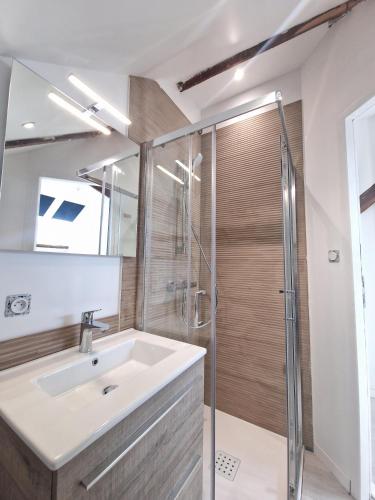 une salle de bain avec un lavabo et une douche dans l'établissement le mignon, à Les Sables-dʼOlonne