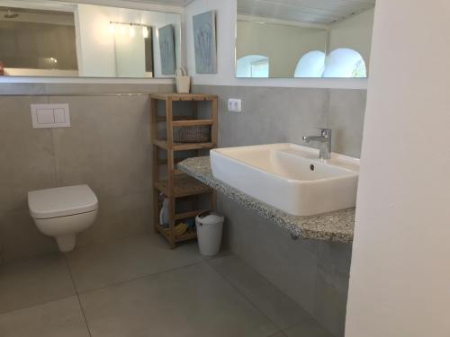 a bathroom with a sink and a toilet at Ferienhaus Tade Bo in Süderstapel