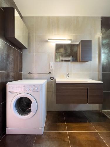- une buanderie avec un lave-linge et un évier dans l'établissement Grande maison moderne avec piscine 10 personnes, à Trouillas
