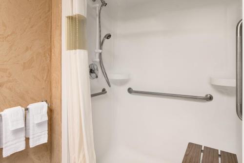 a shower in a bathroom with a shower curtain at Days Inn by Wyndham Leamington in Leamington