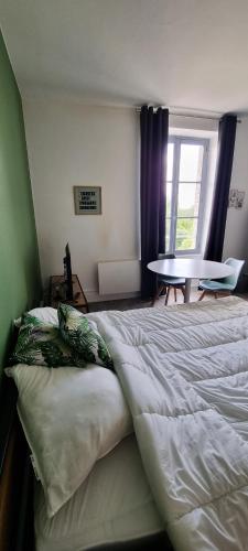 une chambre avec un grand lit et une table dans l'établissement Vittel Studio neuf pour cure ou longue durée, à Vittel