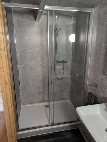 a shower with a glass door in a bathroom at Meadow Lodge in Billericay