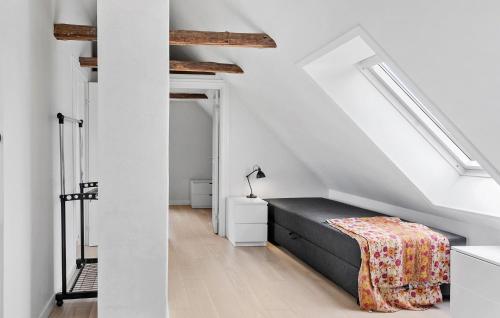 a bedroom with white walls and a black bed at Cozy Home In Nørre Alslev With Wifi in Nørre Alslev