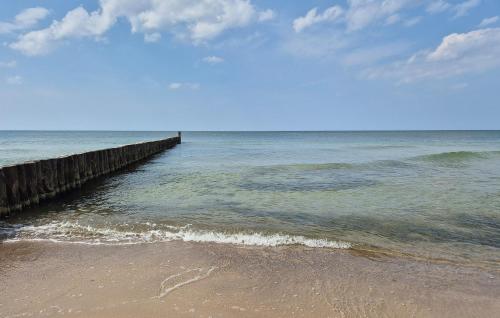 a beach with a pier in the ocean at Beautiful Home In Slowienkowo in Skrzeszewo