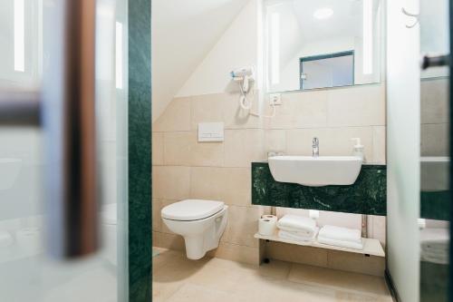 a bathroom with a toilet and a sink at Lobogo Resort in Vlăhiţa