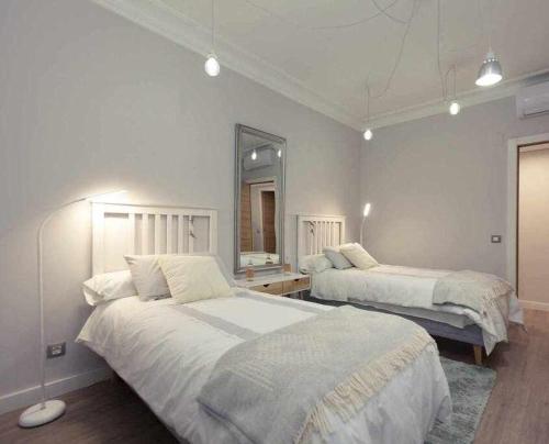a bedroom with two beds and a mirror at GuardaViñas24 in Logroño