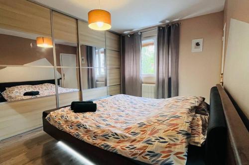 - une chambre avec un lit et un miroir dans l'établissement Appartement Proche centre ville avec Parking Gratuit, à Annecy