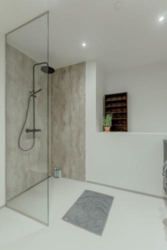 a bathroom with a shower with a glass door at Nyrenoveret, moderne,hyggeligt hus in Leirvík