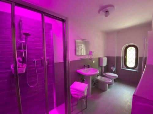 a pink bathroom with two toilets and a sink at Agriturismo Poggiacolle in Montecalvo Versiggia