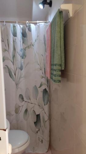 Un baño con cortina de ducha y un inodoro. en Sizilien 3, en Trappeto