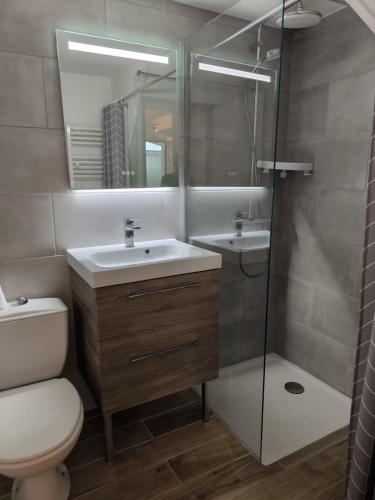 une salle de bain avec toilettes, lavabo et douche dans l'établissement Les VAGUES DE LA GARDIOLE, à Vic-la-Gardiole